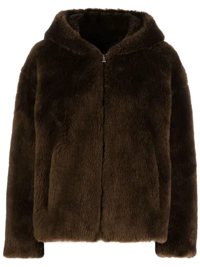 Yves Salomon Woven Wool Hooded Jacket In Brown