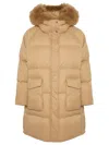Yves Salomon Long Down Jacket With Raglan Sleeves And Fluffy Lambswool Trim In Brown