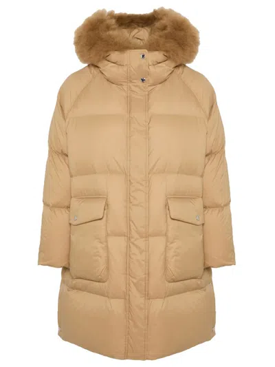 Yves Salomon Long Down Jacket With Raglan Sleeves And Fluffy Lambswool Trim In Brown