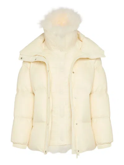 YVES SALOMON YS ARMY COLLECTION: MID-LENGTH DOWN JACKET WITH REMOVABLE BIB AND LAMBSWOOL TRIM