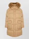Yves Salomon Long Down Jacket With Raglan Sleeves And Fluffy Lambswool Trim In Neutral