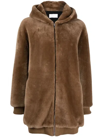 Yves Salomon Hooded Shearling Coat In Brown