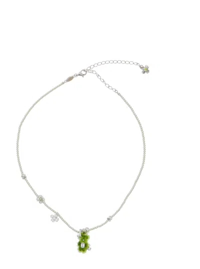 Yvmin Pearl Garden Bear Pendant Necklace With 18k Gold-plated Silver Chain In Green