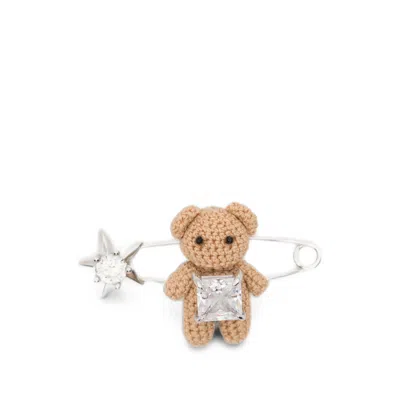 Yvmin Teddy Bear Star-embellished Brooch In Silver/neutrals