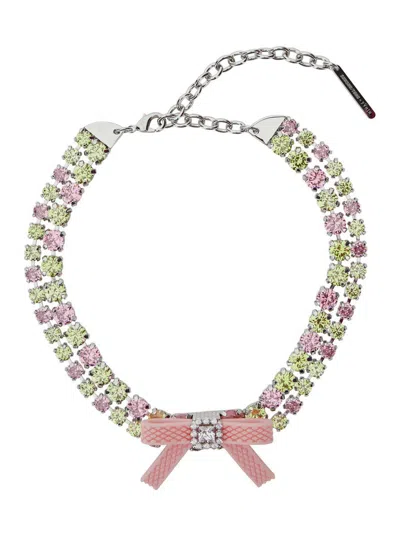 YVMIN X SHUSHU TONG PINK NECKLACE WITH ALL-OVER GEMSTONE EMBELLISHMENTS AND BOW DETAIL