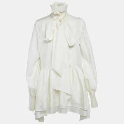 Pre-owned Yvon Off White Silk Neck Tie Detail Orchidee Mini Dress M