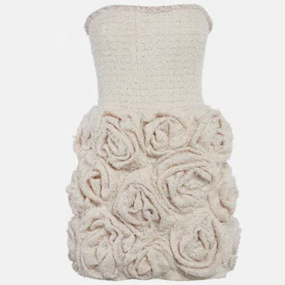 Pre-owned Yvon Pink /white Lurex Tweed Rose Applique Zinnia Mini Dress M