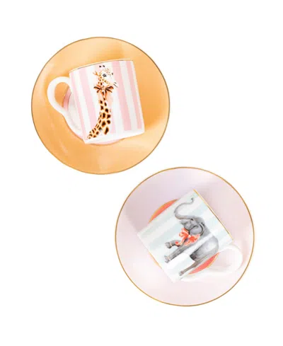 Yvonne Ellen Animal Espresso Cups And Saucers, Set Of 2 In Multi