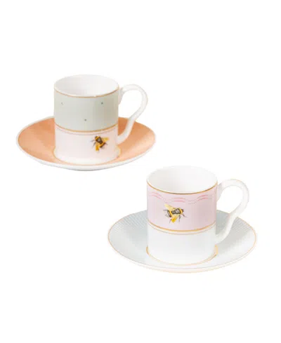 Yvonne Ellen Slogan Espresso Cups And Saucers, Set Of 2 In Multi