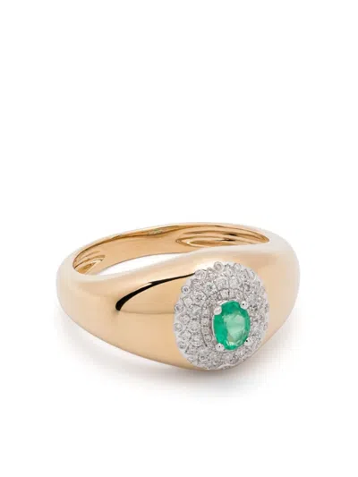 Yvonne Léon 18kt Yellow Gold Mini Chevalière Pompadour Diamond And Emerald Signet Ring