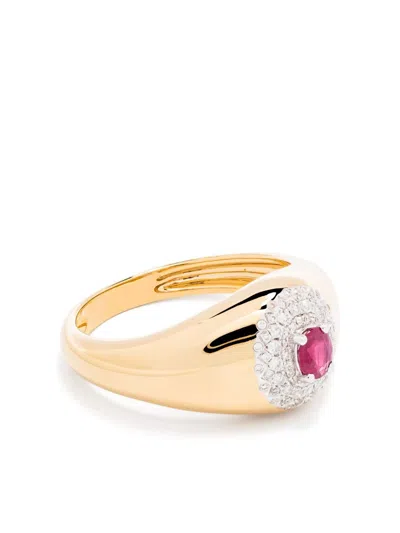 Yvonne Léon 18kt Yellow Gold Mini Chevalière Pompadour Diamond And Emerald Signet Ring