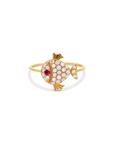 Yvonne Léon 18k Yellow Gold Grey Diamond & Ruby Little Fish Ring