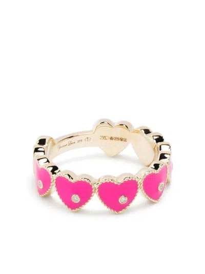 Yvonne Léon 9k Yellow Gold Mini Coeur Enamel Diamond Ring In Pink