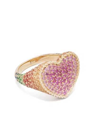 Yvonne Léon 9k Yellow Gold Chevalière Coeur Sapphire Ring