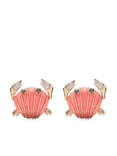 Yvonne Léon 9k Yellow Gold Crabe Coquillage Coral And Diamond Earrings