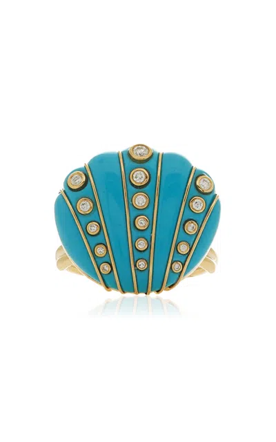 Yvonne Léon 9k Yellow Gold Diamond And Turquoise Ring In Blue