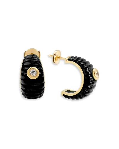Yvonne Léon 9k Yellow Gold Paire De Creoles Berlingot Onyx & White Topaz Hoop Earrings In Black/gold