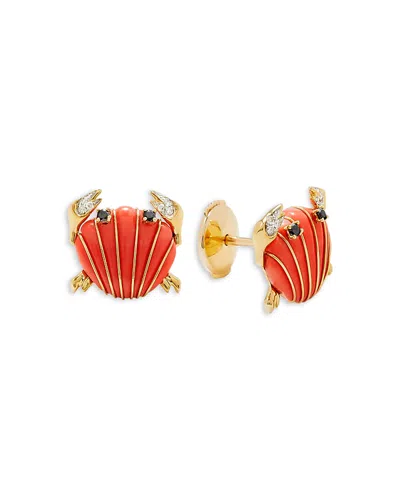 Yvonne Léon 9k Yellow Gold Paire De Puces Crabe Coquillage Corail Coral & Multicolor Diamond Crab Stud Earrings In Orange/gold