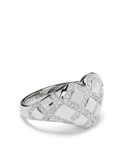 Yvonne Léon 9kt White Gold Baby Chevalier Coeur Diamond Signet Ring In Silver