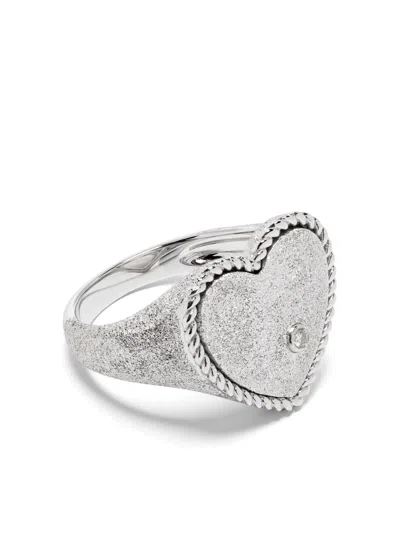 Yvonne Léon 9kt White Gold Chevalière Coeur Pailletée Signet Ring In Silver