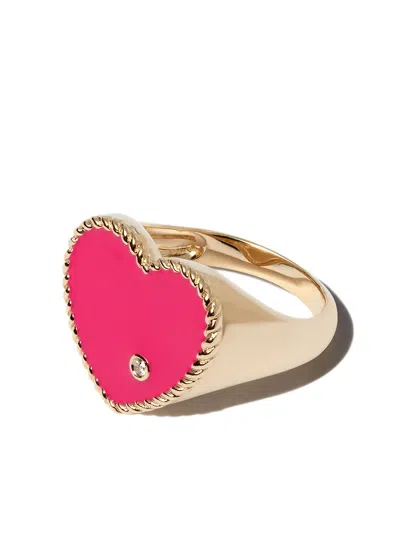 Yvonne Léon Chevaliere Coeur Neon Heart Pinky Diamond Enamel Rose 9k Yellow Gold Ring