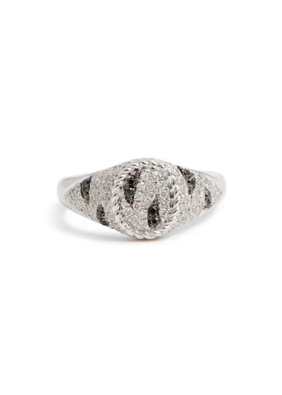 Yvonne Léon Yvonne Leon Baby Chevalière Ovale Zèbre 9kt White Gold Signet Ring In Black And White