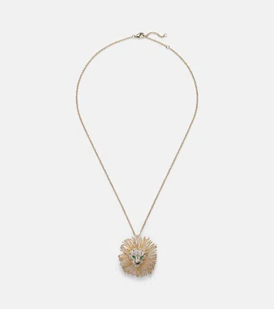 Yvonne Léon Broche Lion 9kt Gold Pendant Necklace With Diamonds, Tsavorites, And Onyx