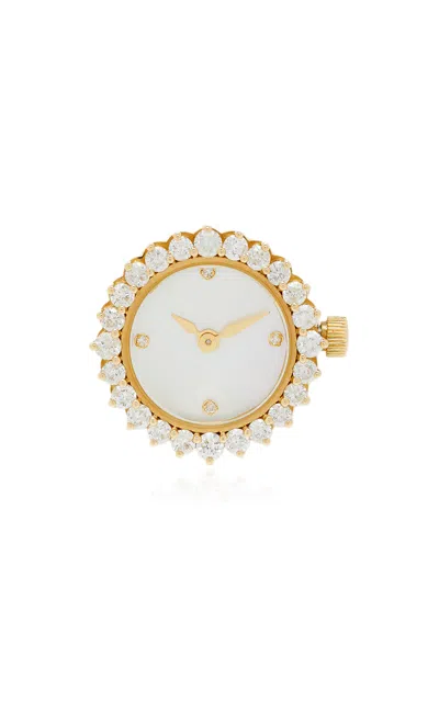 Yvonne Léon Clock 18k Yellow Gold Mother-of-pearl; Diamond Ring In Gold