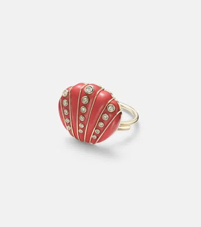 Yvonne Léon Coquillage Corail 9kt Ring With Diamonds And Coral In Gold