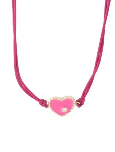 Pre-owned Yvonne Léon Cord, Enamel & Diamond Heart Pendant Necklace, 11.5" In Pink/purple