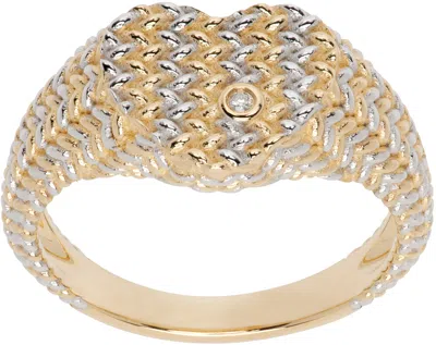 Yvonne Léon Gold & White Gold Baby Chevalière Cœur Natte Ring In 9k White & Y Gold