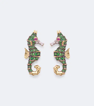 Yvonne Léon Hippocampe 18kt Gold Earrings With Gemstones In Green