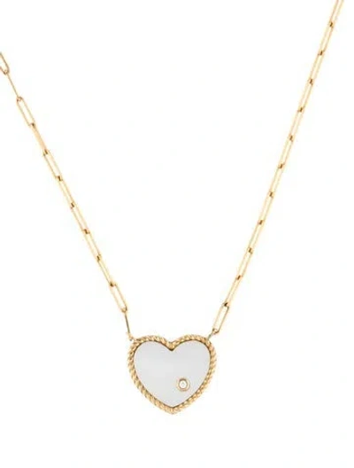 Pre-owned Yvonne Léon Mother Of Pearl & Diamond Heart Pendant Necklace, 16.75" In Multicolor