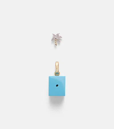 Yvonne Léon Palmier And Le Cubo 9kt Gold Earring And Pendant Set With Turquoise And Diamonds In Blue