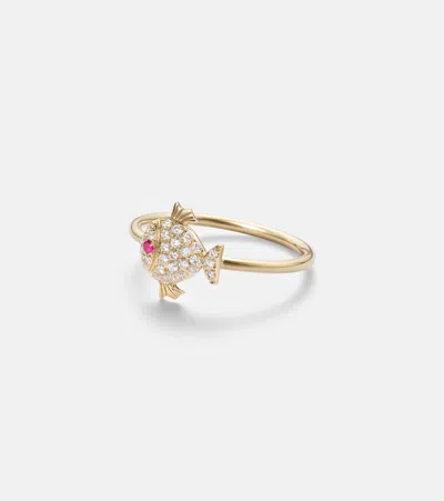 Yvonne Léon Petit Poisson 18kt Gold Ring With Diamonds And Rubies