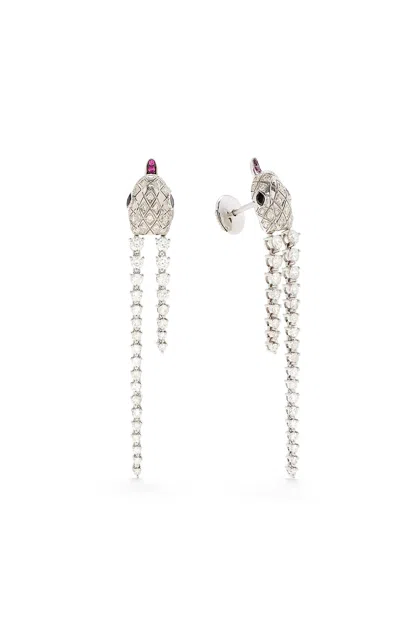 Yvonne Léon Python 9k White Gold Diamond Long Boat Earrings In White