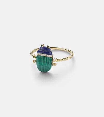 Yvonne Léon Scarabée Mini 9kt Gold Ring With Gemstones In Green
