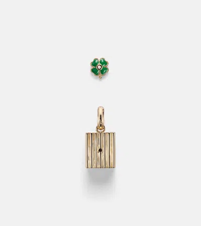 Yvonne Léon Trèfle And Le Cubo 9kt Gold And Enamel Single Earring And Pendant Set With Diamonds In Brown