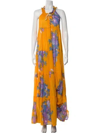 Pre-owned Yvonne S Floral Print Long Dress In Yellow