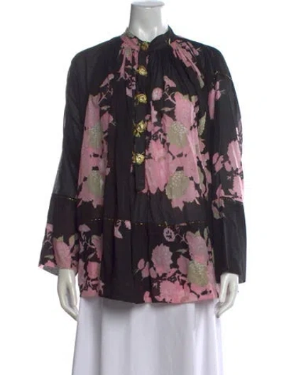 Pre-owned Yvonne S Floral Print Long Sleeve Blouse In Black