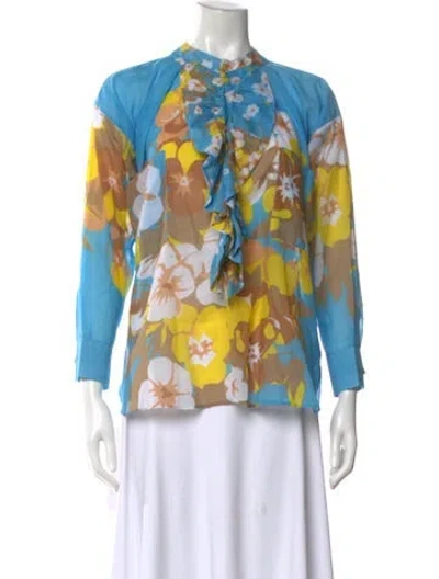 Pre-owned Yvonne S Floral Print Long Sleeve Blouse In Blue
