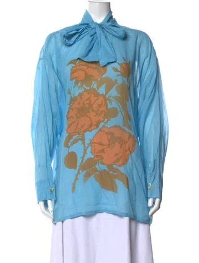 Pre-owned Yvonne S Floral Print Tie Neck Blouse In Blue