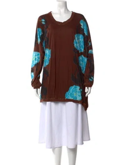 Pre-owned Yvonne S Floral Print V-neck Top In Brown