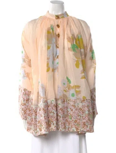 Pre-owned Yvonne S Linen Floral Print Blouse W/ Tags In Neutral