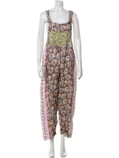 Pre-owned Yvonne S Linen Floral Print Jumpsuit W/ Tags In Brown