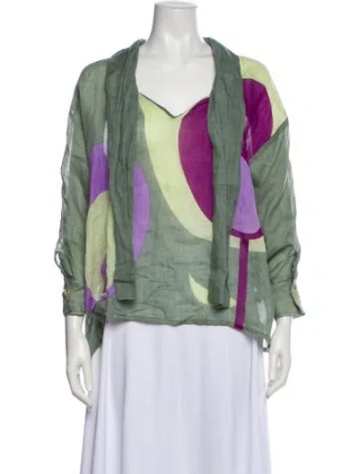 Pre-owned Yvonne S Linen Printed Blouse In Blue