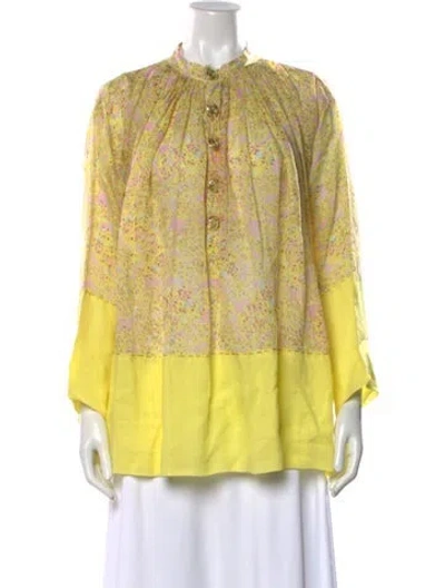 Pre-owned Yvonne S Linen Printed Blouse In Yellow