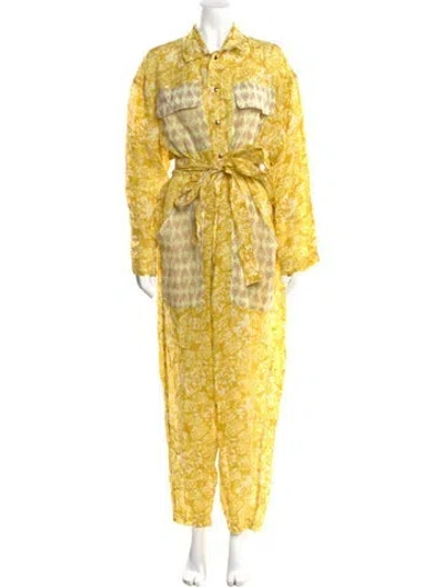 Pre-owned Yvonne S Linen Printed Jumpsuit In Yellow