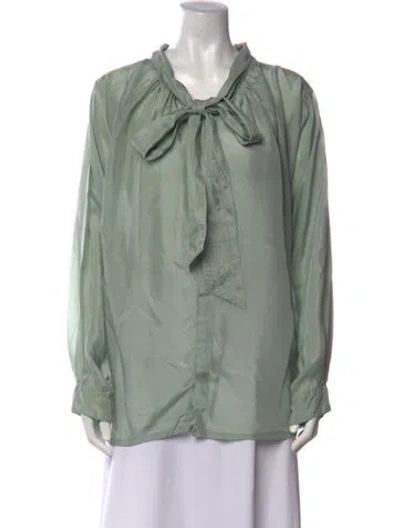 Pre-owned Yvonne S Tie Neck Long Sleeve Blouse In Green