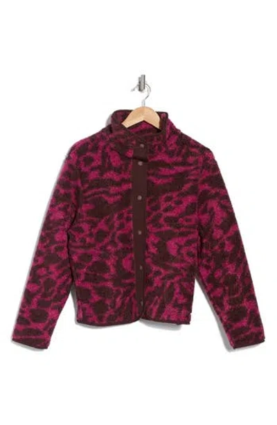 Z By Zella Faux Shearling Print Funnel Neck Jacket In Burgundy Fudge Abstract Spots